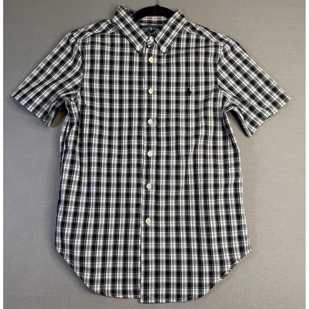 Ralph Lauren Boys M Woven Cotton Plaid Short‎ Sleeve Button-Down Pockets